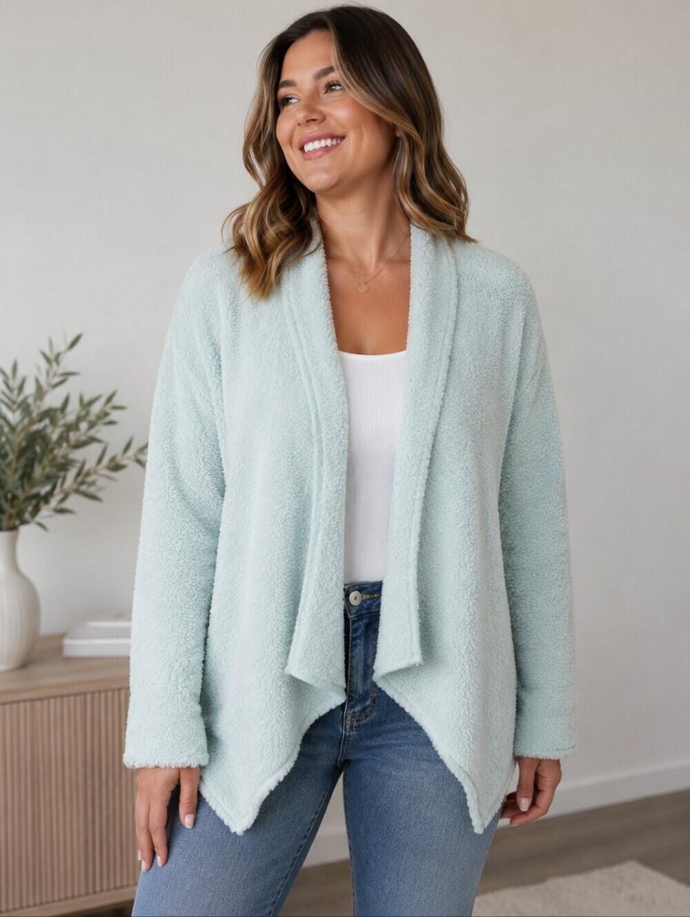Soft Surroundings Plush Open-Front Jacket in Light Aqua